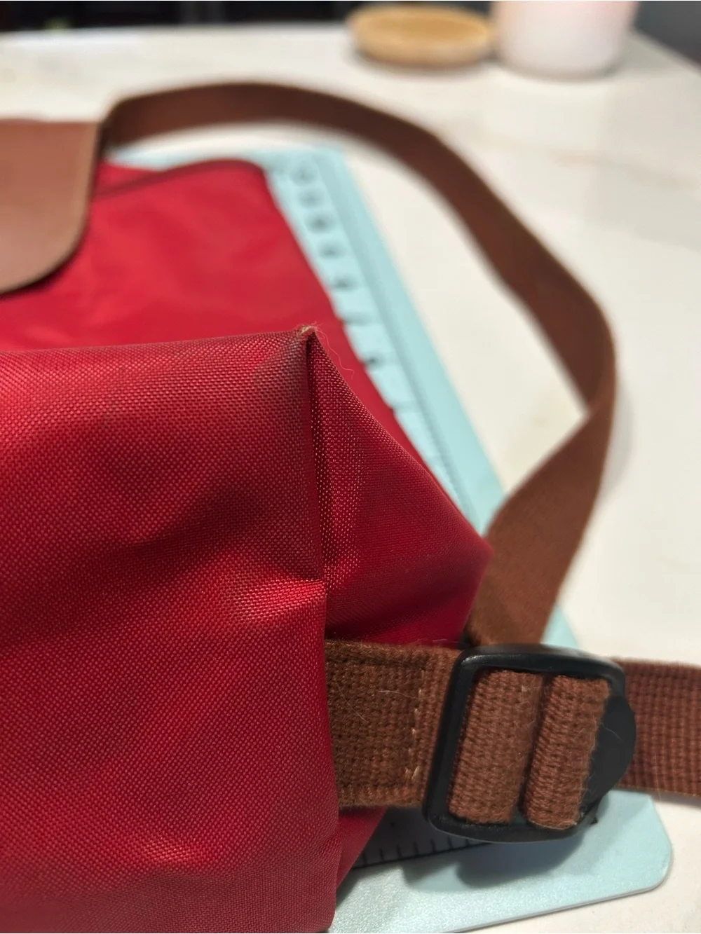 Longchamp Red Nylon Backpack with Brown Leather Flap